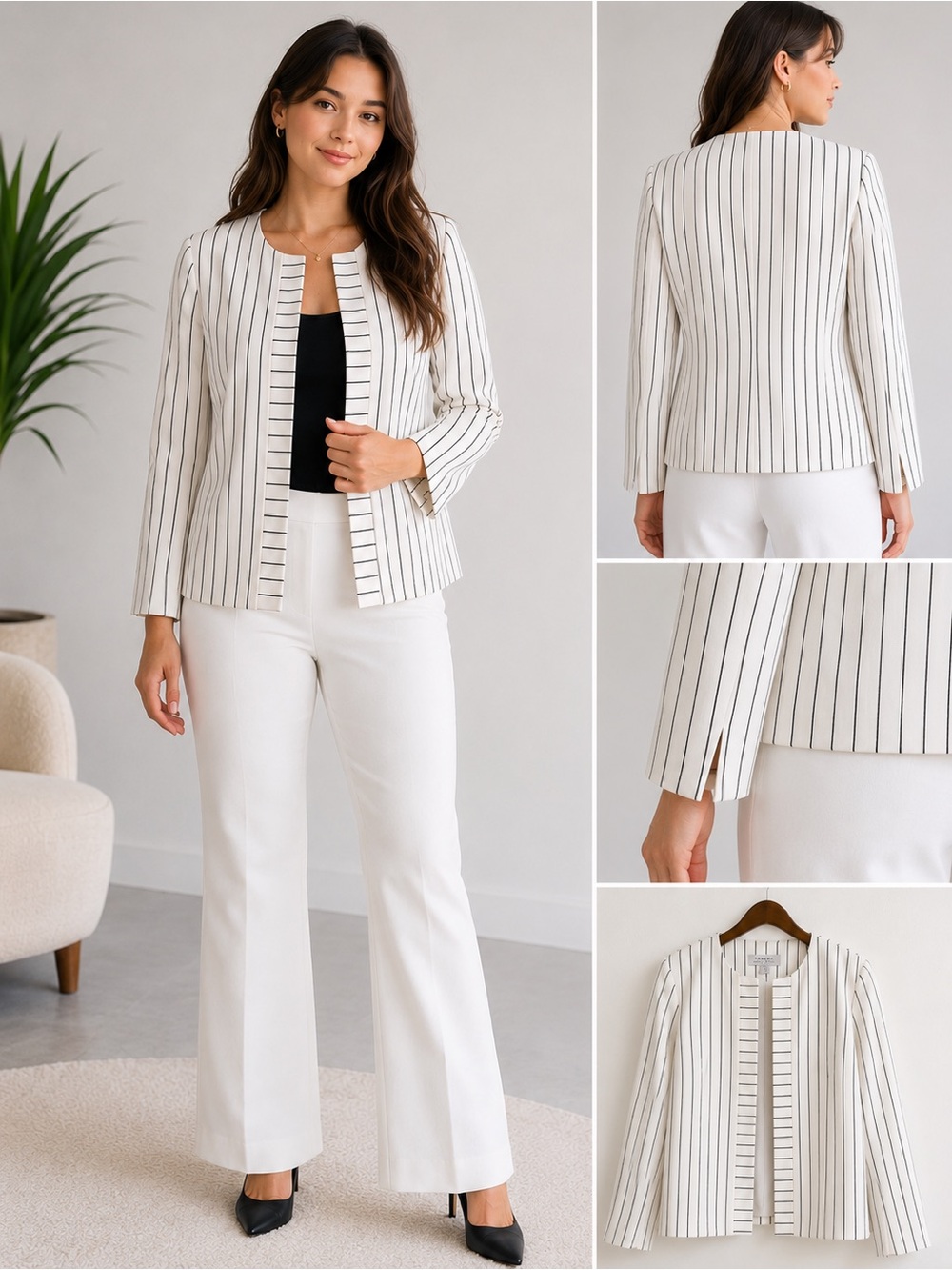 Tahari White Black Pinstripe Open Front Jacket Blazer Collarless Contemporary 16